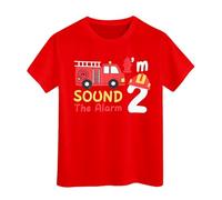 SUPTTING T-shirt pour enfant avec inscription « I'M 2 Sound The Alarm » - Motif : camion de pompier - Avec casque de pompier - Numéro 2 - Manches courtes - Pour garçon - Pour les loisirs - Cadeau