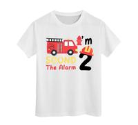 SUPTTING T-shirt pour enfant avec inscription « I'M 2 Sound The Alarm » - Motif : camion de pompier - Avec casque de pompier - Numéro 2 - Manches courtes - Pour garçon - Pour les loisirs - Cadeau