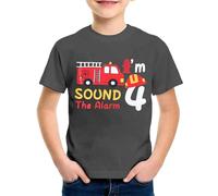 SUPTTING T-shirt pour garçon 4 camion de pompier imprimé Sound The Alarm Haut à manches courtes Col rond Tenue d'anniversaire d'enfant T-shirt de loisirs T-shirt d'anniversaire pour enfants Vêtements