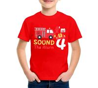 SUPTTING T-shirt pour garçon 4 camion de pompier imprimé Sound The Alarm Haut à manches courtes Col rond Tenue d'anniversaire d'enfant T-shirt de loisirs T-shirt d'anniversaire pour enfants Vêtements