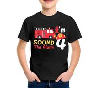 SUPTTING T-shirt pour garçon 4 camion de pompier imprimé Sound The Alarm Haut à manches courtes Col rond Tenue d'anniversaire d'enfant T-shirt de loisirs T-shirt d'anniversaire pour enfants Vêtements