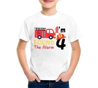 SUPTTING T-shirt pour garçon 4 camion de pompier imprimé Sound The Alarm Haut à manches courtes Col rond Tenue d'anniversaire d'enfant T-shirt de loisirs T-shirt d'anniversaire pour enfants Vêtements