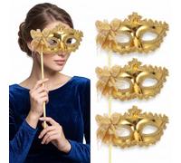 SUPVOX 3pcs mascarade Halloween Mardi Gras partie masque masque tenu dans la main Prom princesse vénitien Graduations Parti doré avec