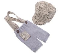 SUPVOX Ensemble pour Séance Photo -Né Garçon 1 Pièce Barboteuse à Bretelles Crochet Béret Imprimé Journal Tenue Douce Peau Sensible Costume Photo Naissance Studio et Domicile