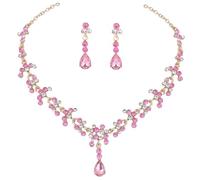 SUPVOX Parure de Bijoux Femme Mariage Collier Pendentif Goutte d'Eau en Cristal Rose Boucles d'Oreilles Pendantes Assorties Alliage de Zinc Ensemble Élégant pour Cérémonie et Fête