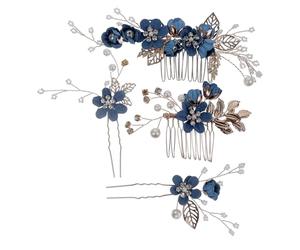 SUPVOX Peigne à Cheveux Fleur et Épingle pour Mariée Bleu Royal, Ensemble 4 Pièces, Accessoires de Coiffure en Perles pour Femme, Mariage, Fiançailles et Séance Photo