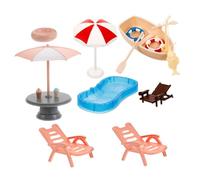 SUPVOX Set Miniature Dollhouse Beach Playset with Swimming Pool Foldable Beach Chair Umbrella Swim Ring and Boat for DIY Fairy Garden Decorations and Interactive Role Play