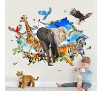 Supzone 3D Stickers Muraux Enfant Jungle Animaux Sauvage Grands Autocollant Mural Eléphant Girafe Tigre Déco Murale pour Garçon Chambre Enfant Nursery Salle de Jeu