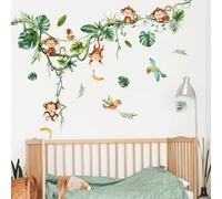 Supzone Stickers Muraux Animaux Jungle Singe Lignes Lianes Oiseaux Autocollant Mural Enfant Décoratifs pour Chambre Enfant Nursery Salon Stickers Adhésifs Créatifs