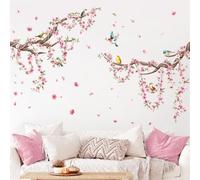 Supzone Stickers Muraux Branches de Cerisier en Fleurs & Oiseaux - Autocollant Mural Printanier Élégant - Déco Murale Amovible sans Trace pour Chambre Salon - Décoration Naturelle Éducative