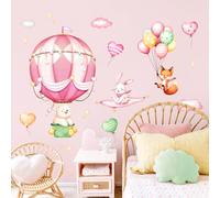 Supzone Stickers Muraux Enfant Ballons Roses & Animaux Autocollant Mural Féerique Déco Murale Ludique pour Chambre Fille Salle de Jeux SDB Décoration Éducative aux Nuages Doux
