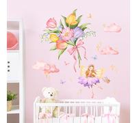 Supzone Stickers Muraux Enfant Fée des Fleurs - Autocollant Mural Magique avec Bouquet & Nuages - Déco Murale Enchantée Amovible pour Chambre Fille/Salle de Jeux