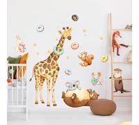 Supzone Stickers Muraux Enfant Jungle - Girafe/Ours/Écureuil & Donuts - Autocollant Mural Ludique Amovible sans Trace - Déco Murale Fantaisiste pour Chambre/Salle de Jeux