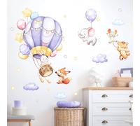 Supzone Stickers Muraux Enfant Montgolfières & Animaux - Autocollant Mural Lapin/Tigre/Éléphant - Déco Murale Ludique Amovible sans Trace pour Chambre Enfant/Salon - Décorations Ludiques
