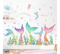 Supzone Stickers Muraux Enfants Queue de Sirène Autocollants Muraux Contour Doré Océan Décoration Salle de Bain, Chambre Enfant, Chambre de Fille, Nursery