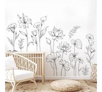 Supzone Stickers Muraux Fleurs en Traits Noirs et Blancs - Autocollant Mural Minimaliste avec Fleurs Stylisées - Déco Murale Moderne Amovible sans Trace pour Chambre Enfant/Salon/Bureau