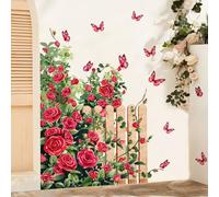 Supzone Stickers Muraux Rosiers Grimpants & Papillons - Autocollant Mural Clôture Fleurie Amovible - Déco Murale Romantique pour Chambre Fille/Salon/Bureau/Crèche - Décoration Féerique