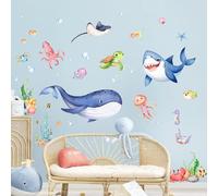 Supzone Stickers Muraux Sous la Mer Poissons Autocollants Muraux Océan avec Baleine, Requin et Tortue Décoration salle de bain, Chambre Enfant, Nursery
