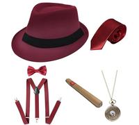 Surakey 1920s Accessoire de Costume Homme Année 20 Gatsby Costume Gangster Tenue Halloween Déco Déguisement Année 20 Homme avec Montre de Poche Vintage, Lunettes, Cravate, Barbes, Chapeau (Rouge A)