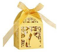 Surakey 50pcs Boîtes De Bonbons, Boîtes à Dragées avec Rubans, Boîte Cadeau Pliable, Boîte De Mariage, Marriage-Couple Design Boîtes Bonbons Papier pour Chocolats, Bonbons, Bijoux (Doré)
