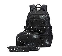 Surakey Cartables Scolaires Garçon, Ensemble de 3 Sacs à Dos + Boîte à Lunch Thermique + Trousse à Crayons, Sac a Dos Enfant Garçon, CM2 CM1 CE2 CE1 CP Sacs Scolaires, Sac à Dos Ciel Étoilé Noir