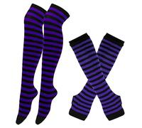 Surakey Chaussettes Hautes à Rayures Violet Noir Femme Chaussettes Extra Longues élastiques Chaussettes au Genou et Gants à Longueur de Coude Chauds avec Trou de Pouce, Cadeaux de Noël