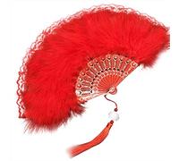 Surakey Eventail Dentelle à Plumes, Eventail en Plumes de Marabout, Eventail Pliant Vintage des Années 1920, Éventail à Main Femmes, pour Costumes de Danse, Fêtes de Thé Et Mariages Rouge