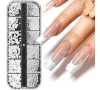 SURALIN 1 boîte/12 Pièces de Breloques pour Ongles en Perles Blanches, Strass Ongle Nail Art de Demi-cercle, Petites Perles en Acier Inoxydable Pierre À Paillettes Deco Ongle Nail Art