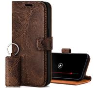 SURAZO Étui de Protection à Rabat en Cuir véritable pour Samsung Galaxy A15 - avec Aimant, Compartiment pour Cartes, Protection RFID, Motif Floral - Marron