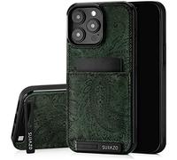 SURAZO Étui de Protection arrière en Cuir véritable pour Apple iPhone 15 Pro Max - Étui de Protection en Cuir résistant aux Chocs avec [Compartiment pour Cartes, Support, Porte-clés] Floral Slim