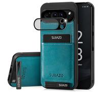 SURAZO Étui de Protection arrière en Cuir véritable pour Google Pixel 9 Pro - Étui de Protection en Cuir résistant aux Chocs - avec Verre de Protection de l'appareil Photo, Compartiment pour Cartes,