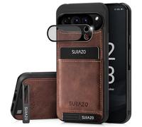 SURAZO Étui de Protection arrière en Cuir véritable pour Google Pixel 9 Pro - Étui de Protection en Cuir résistant aux Chocs - avec Verre de Protection de l'appareil Photo, Compartiment pour Cartes,