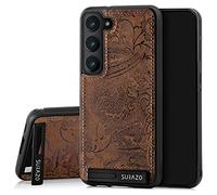 SURAZO Étui de Protection arrière en Cuir véritable pour Samsung Galaxy S23 - Anti-Chocs - Fonction support, Porte-clés - Motif Floral - Marron