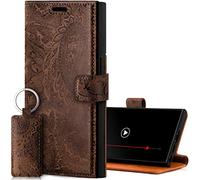 SURAZO Étui de Protection en Cuir pour Samsung Galaxy S23 Ultra - Étui de Protection Pliable en Cuir véritable - avec Aimant, Compartiment pour Cartes, Protection RFID, Motif Floral - Marron