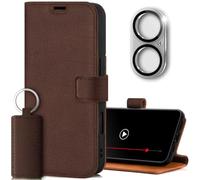 SURAZO Étui de protection en cuir véritable pour Apple iPhone 16 - Pliable - Avec compartiment pour cartes, protection RFID, fonction support, protection de l'appareil photo - Verre - Étui à rabat en