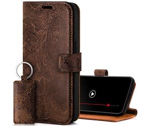 SURAZO Étui de Protection en Cuir véritable pour Samsung Galaxy S24 Plus - Rabat - avec Aimant, Compartiment pour Cartes, Protection RFID, Motif Floral - Marron