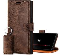 SURAZO Étui de Protection en Cuir véritable pour Samsung Galaxy S24 Ultra - Rabat - avec Aimant, Compartiment pour Cartes, Protection RFID, Motif Floral - Marron
