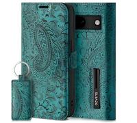 SURAZO Étui de Protection Fin magnétique pour Google Pixel 8a - en Cuir véritable - avec Compartiment pour Cartes, Protection RFID, Motif Floral - À Rabat - Turquoise