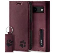 SURAZO Étui de Protection Fin magnétique pour Google Pixel 8a - en Cuir véritable - Motif Pattes - Étui de Protection à Rabat RFID - Fonction Support - Compartiment pour Cartes - Bordeaux