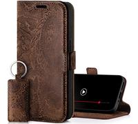 SURAZO Étui de Protection Fin magnétique pour Samsung Galaxy A34 5G - en Cuir véritable - avec Compartiment pour Cartes, Protection RFID, Motif Floral - Étui de Protection à Rabat en Cuir (Marron)