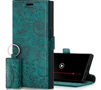 SURAZO Étui de Protection Fin magnétique pour Samsung Galaxy S24 Ultra - en Cuir véritable - avec Compartiment pour Cartes, Protection RFID, Motif Floral - À Rabat - Turquoise