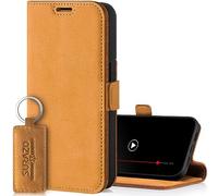 SURAZO Étui de Protection magnétique Fin pour Apple iPhone 15 Pro Max - Étui de Protection Pliable en Cuir véritable [Compartiment pour Cartes, Protection RFID, Keyring] Étui à Rabat en Cuir (Camel)