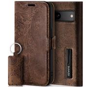 SURAZO Étui de Protection magnétique Fin pour Google Pixel 8 - Étui de Protection Rabattable en Cuir véritable [Compartiment pour Cartes, Protection RFID, Motif Floral] Étui à Rabat en Cuir (Marron)