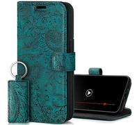 SURAZO Étui de Protection pour Apple iPhone 15 Pro - Pliable en Cuir véritable - avec Aimant, Compartiment pour Cartes, Protection RFID - Étui à Rabat en Cuir (Motif Floral Turquoise)