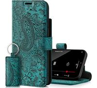 SURAZO Étui de téléphone compatible avec iPhone 14 Pro - Étui portefeuille en cuir véritable avec [emplacements pour cartes] [béquille] [blocage RFID] [fermoir magnétique] fait à la main (turquoise