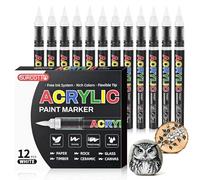Surcotto Feutre Acrylique Blanc, 12 Marqueur Acrylique avec pinceau flexible, Liquide Direct Acrylic Paint Marker, Stylo Acrylic pour Coloriage, Bois, Pierre, Toile, Céramiqu