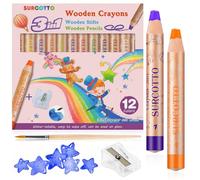 Surcotto Lot de 12 crayons de couleur 3 en 1 pour enfants, solubles dans l'eau, avec 1 taille-crayon et 1 pinceau, crayons de cire en bois épais, crayons de cire aquarelle, crayons de peinture pour