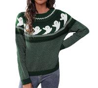 Surdimensionné Squelette Motif Déchiré Col Rond Petite Femme Tricot Grosse Laine Mérinos Court Week-end Court Boxy Tricot Pull Femmes Taille Haute, Vert, XXL
