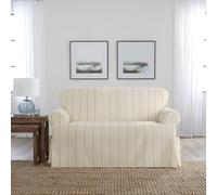 Surefit Heavyweight Cotton Duck T-Cushion Loveseat Slipcovers, Printed Heavyweight Cotton Loveseat Cover, One Piece Design, Loveseat Cover with Seat Elastic and Corner Ties, Natural with Blue Stripe