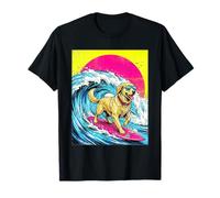 Surf Golden Retriever Riding Wave Chien Surfeur Coucher de Soleil Plage T-Shirt